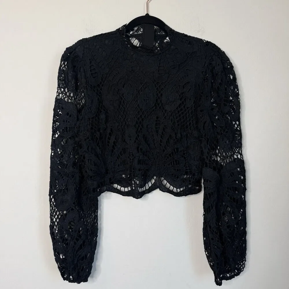 Long Sleeve Sheer Black Lace Top Large Fairy Grunge Whimsigoth Dark Coquette - Picture 2 of 12